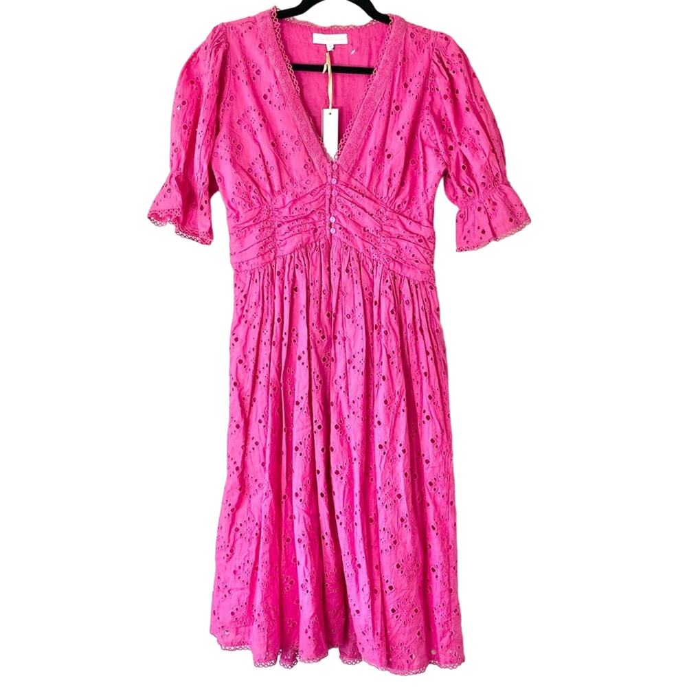House of Harlow 1960 Pink Eyelet Midi Dress Puff Sleeve Boho Revolve Size M